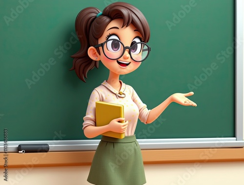 Charming 3D Cartoon Teacher Presenting Lesson Plan on Chalkboard