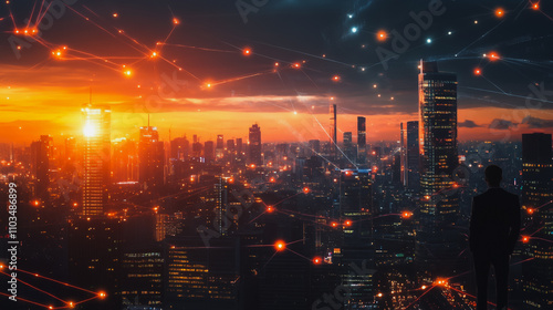 Smart digital city with connection cyber security network reciprocity over the cityscape . future smart wireless digital city and social media networking systems that connects people within the city