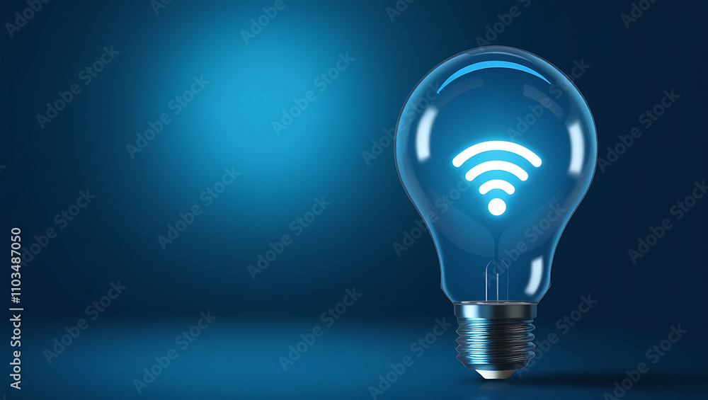 Light Bulb with Glowing Wi-Fi Symbol, Wi-Fi symbol, wireless technology, blue gradient background. Light bulb with wifi symbol is glowing on blue background Light Bulb with Glowing Wi-Fi Symbol, Wi-Fi symbol, wireless technology, blue gradient background. Light bulb with wifi symbol is glowing on blue background