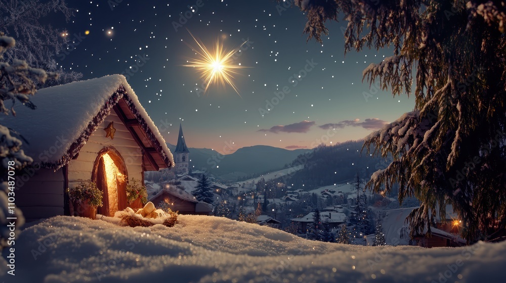 Fototapeta premium A sparkling star shining above a snowy nativity scene.
