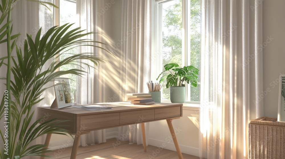 Obraz premium Bright and airy home office with a wooden desk, Monstera Deliciosa in a mint planter, and a full-height window framed by light curtains. Neutral tones and natural textures create calm.