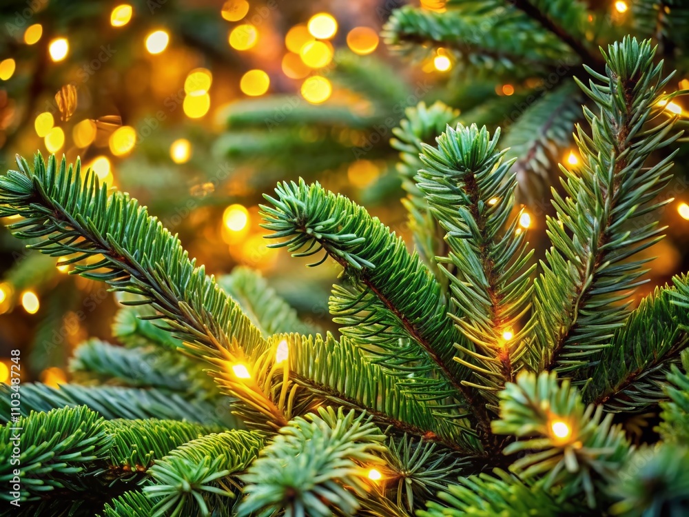 Close-Up of Lush Green Christmas Tree Branches Adorned with Warm Festive Lights, Showcasing the Natural Beauty of Holiday Decor in a Cozy Atmosphere Close-Up of Lush Green Christmas Tree Branches Adorned with Warm Festive Lights, Showcasing the Natural Beauty of Holiday Decor in a Cozy Atmosphere