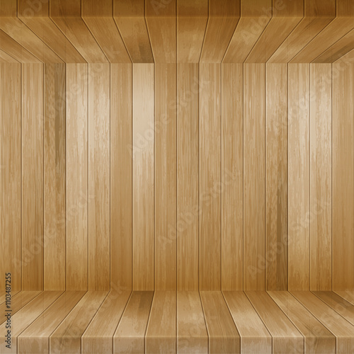 Vector empty room with wooden wall, floor and ceiling. Realistic brown planks wall panel and floor. Minimal 3d scene for organic product mockup, natural eco wood interior background.