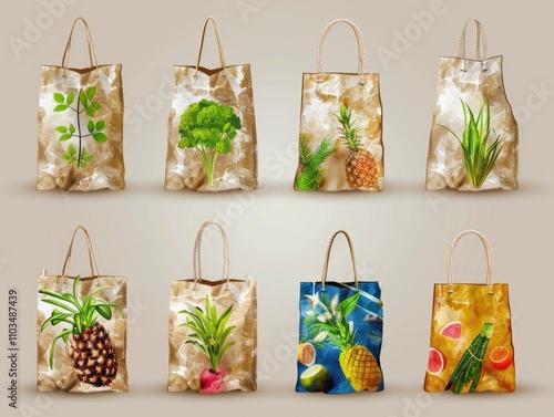 Set of six bags with fruit and vegetable prints. photo