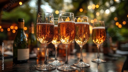 Elegant Display of Sparkling Wine Glasses with Bubbling Drink Surrounded by a Warm and Inviting Atmosphere in a Charming Outdoor Setting