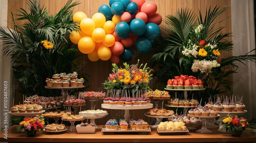 Colorful Party Table with Balloons and Desserts in a Festive Setting Colorful Party Table with Balloons and Desserts in a Festive Setting