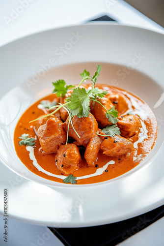 Modern Presentation of Butter Chicken on a White Plate Garnished with Fresh Cilantro for Upscale Dining