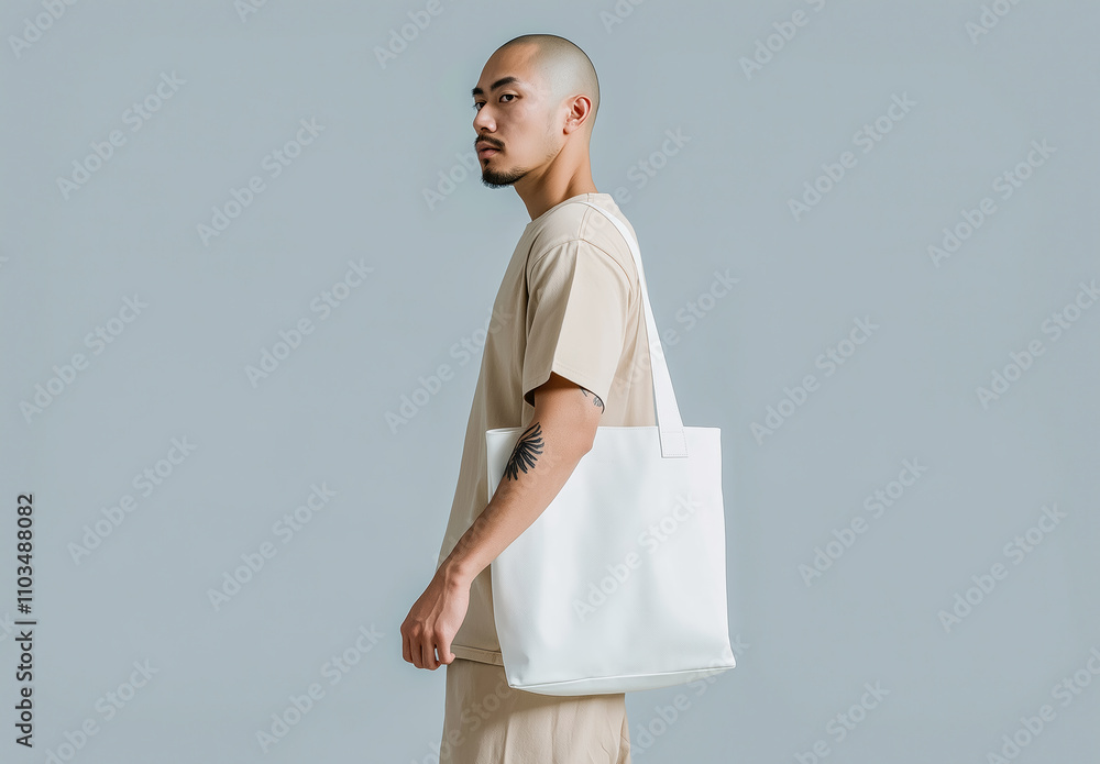 Tote bag mockup. Style person with shopping eco tote bag mock-up. Minimalist modern fashion look with dim clothing. Template mockup nature tote bag. Realistic style photo Tote bag mockup. Style person with shopping eco tote bag mock-up. Minimalist modern fashion look with dim clothing. Template mockup nature tote bag. Realistic style photo