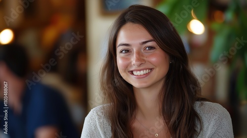 Casual Portrait of a Smiling Brunette Woman Indoors with Natural Lighting