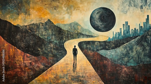 Surreal Landscape with Cityscape and Figure on a Path