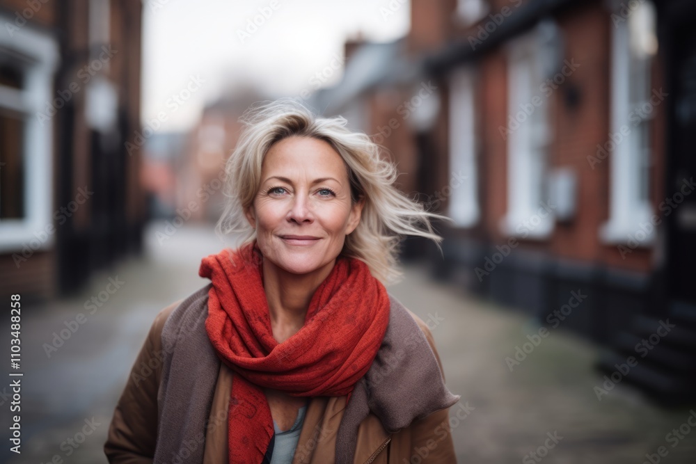 Portrait of smiling mature woman in scarf and coat on city street Portrait of smiling mature woman in scarf and coat on city street