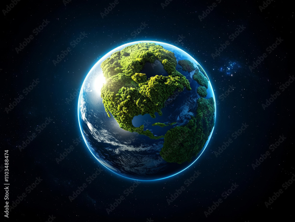 Obraz premium Earth biodiversity regions showcase nature's rich variety stunning view of Earth with lush greenery, highlighting environmental diversity and beauty. planet is surrounded by stars, evoking sense.