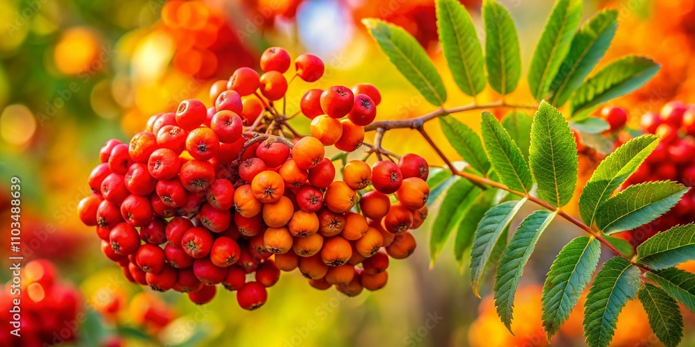 Close-Up of Sorbus Aucuparia with Vibrant Rowan Berries on Branch, Capturing Nature's Beauty in Candid Photography Close-Up of Sorbus Aucuparia with Vibrant Rowan Berries on Branch, Capturing Nature's Beauty in Candid Photography