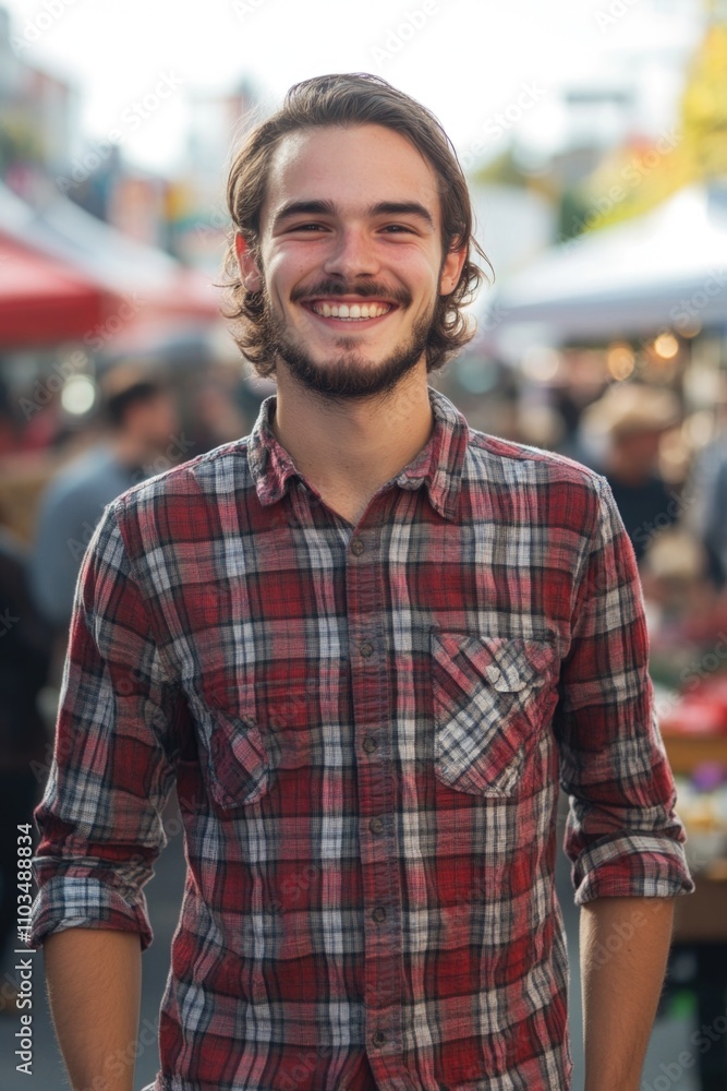 Man with a beard and a red and white plaid shirt is smiling. He is surrounded by a crowd of people Man with a beard and a red and white plaid shirt is smiling. He is surrounded by a crowd of people