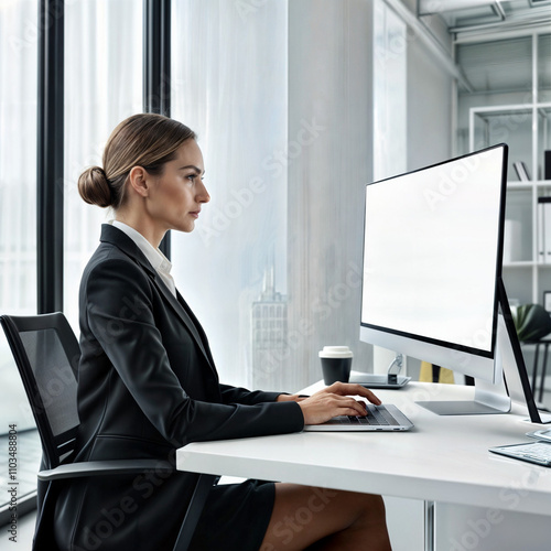 amra'at muhtarifat tuktub ealaa kumbuyutar mahmul bashashat bayda' fi maktab maftuh wamushriqa.