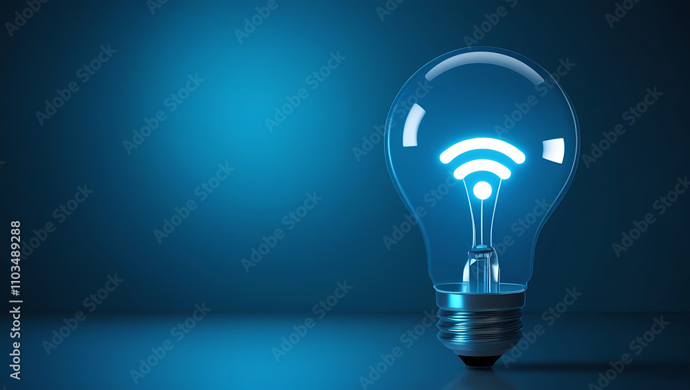 Light Bulb with Glowing Wi-Fi Symbol, Wi-Fi symbol, wireless technology, blue gradient background. Light bulb with wifi symbol is glowing on blue background Light Bulb with Glowing Wi-Fi Symbol, Wi-Fi symbol, wireless technology, blue gradient background. Light bulb with wifi symbol is glowing on blue background