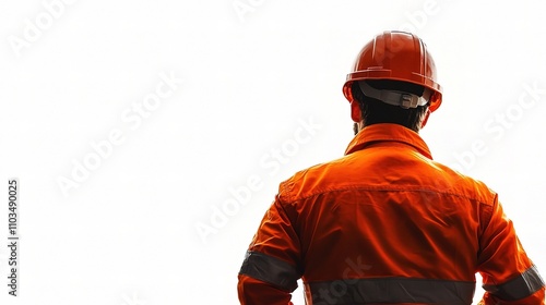 Worker in Safety Gear with Orange Jacket and Helmet on Isolated Background photo