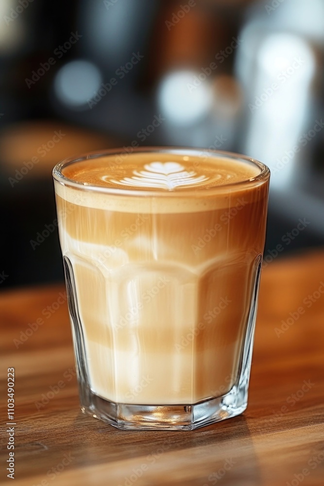 A single-serve latte art coffee with a beautiful swirl design on the foam, served in a glass mug. A single-serve latte art coffee with a beautiful swirl design on the foam, served in a glass mug.