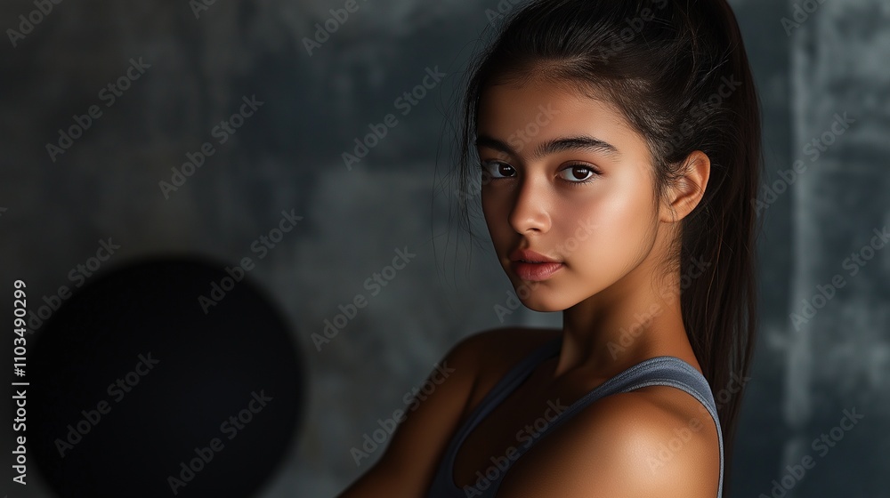 Portrait of a Young Latino Woman with Natural Beauty Wearing Sport Attire in a Low-Light Setting Portrait of a Young Latino Woman with Natural Beauty Wearing Sport Attire in a Low-Light Setting
