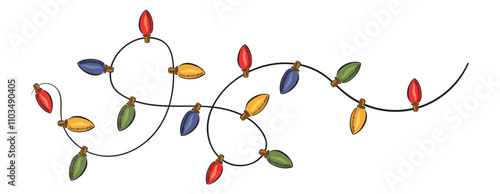 Christmas garland in trendy groovy retro style. String of colorful holiday lights. Happy New year and Merry Christmas pattern. 70s Vibes groovy garland. Vector Illustration. For greeting card design.