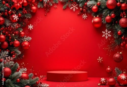 Christmas display, red background, festive decorations, round podium with holiday ornaments, Christmas trees, ideal for seasonal promotions or product showcases. Red Christmas stage with round platfor photo