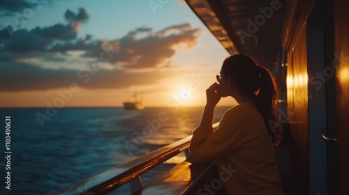 Woman gazing at sunset from a ship, reflecting on the horizon.