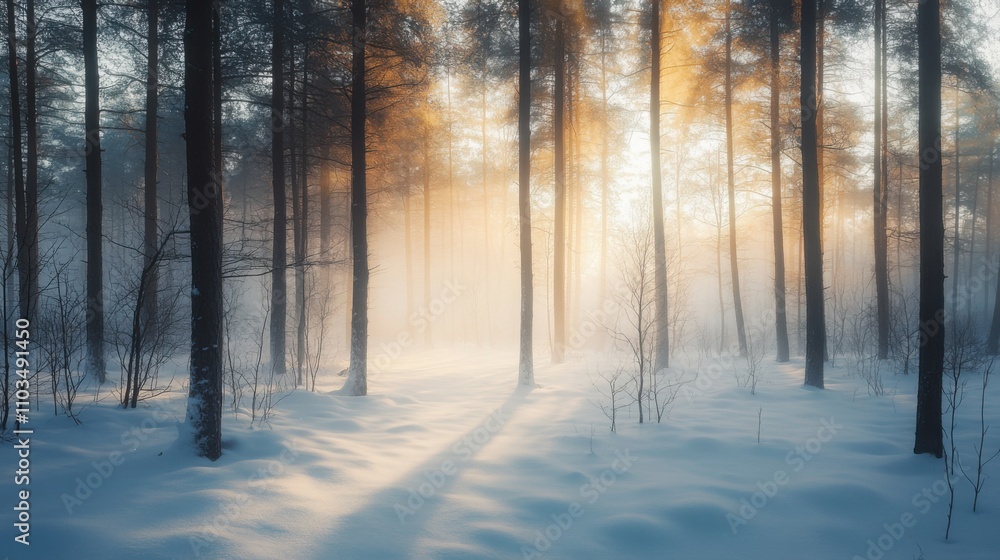 A thick fog rolling through a quiet, snow-filled forest clearing. A thick fog rolling through a quiet, snow-filled forest clearing.