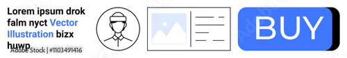 E-commerce interface elements including profile avatar, image gallery, dummy text, and a prominent blue buy button. Ideal for online shopping platforms, user interfaces, websites, and digital