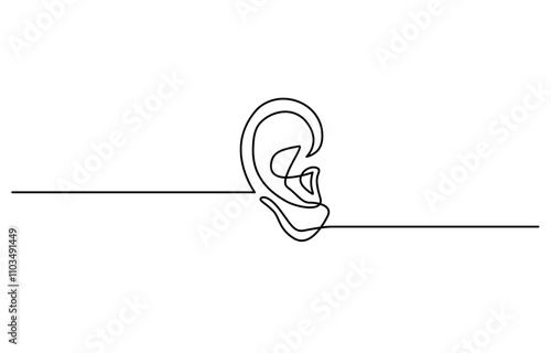 Human ear continuous line art drawing, with white background, Vector illustration, Vector illustration of human ear continuous single line drawing, Continuous one line drawing of human ear.