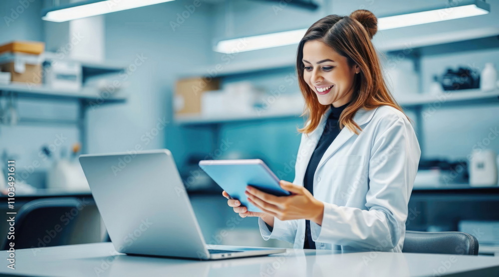 Obraz premium Female scientist working with a tablet in a bright laboratory se