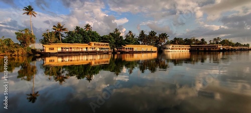 Boat house in Kerala , India. Beautiful place for enjoy nature and for newly married couple honeymoon trip reflection shot