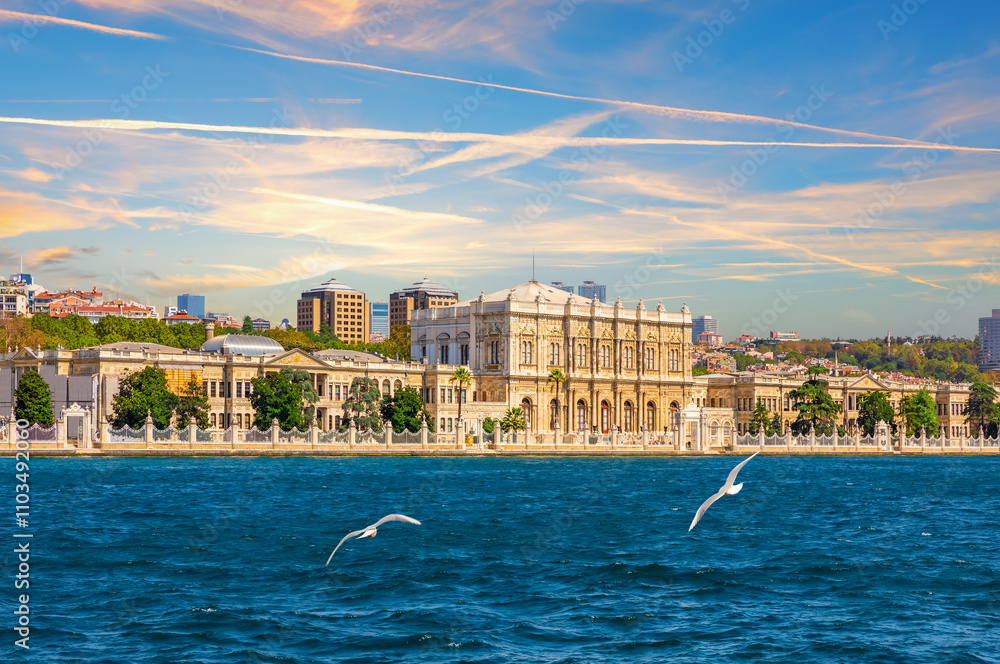 Dolmabahce Palace in the Bosphorus, sunset view, Istanbul, Turkey