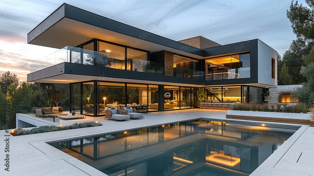 Fototapeta premium Luxury Modern House Designed with Sleek Lines and Spacious Interiors.