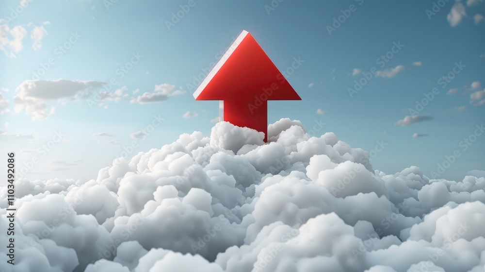 Fototapeta premium 3d white and red up arrow and white icon cloud white background.