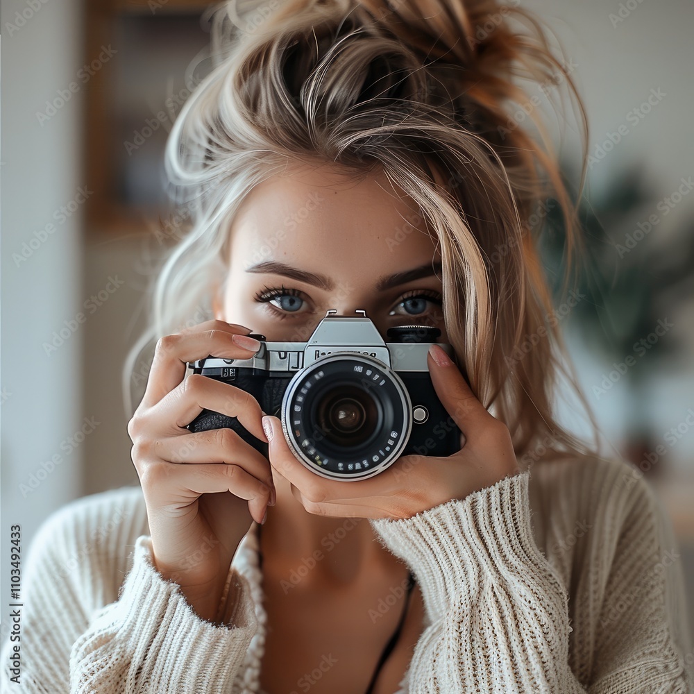 Woman taking a photo with a camera.