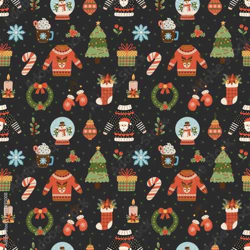 Cozy Christmas elements vector seamless pattern design. Featuring Christmas decorations, holiday treats, and winter fashion. For gift wrap, fabric design, scrapbook, wallpaper and more.