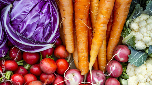 Vegetables carrots, radishes and red cabbage close-up on the market. Top view. photo