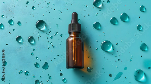 Top view of Blank amber glass face serum bottle with pipette on turquoise background with water drops shadow.