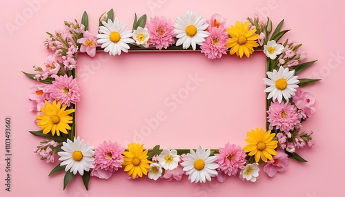 frame of spring flowers with pink background, concept for mother's day, woman's day, greetings