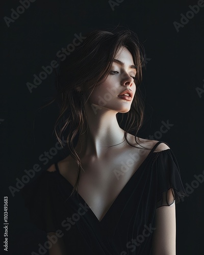 Woman in black clothes, black dress, vogue style, black background, minimalist, aesthetic, clean.