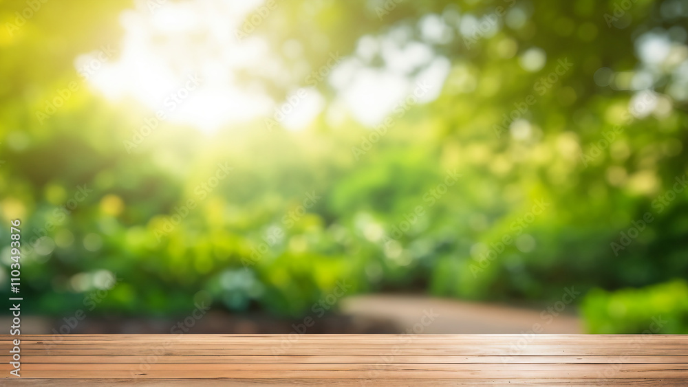 Empty wooden table in front of a blurred green park background. Concept of nature, tranquility, and outdoor. Empty wooden table in front of a blurred green park background. Concept of nature, tranquility, and outdoor.
