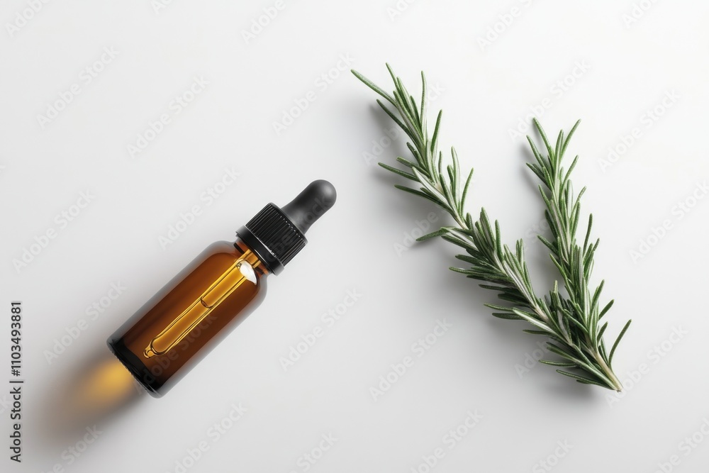 Close-up of a bottle of essential oil with its corresponding herb, suggesting health and wellness products, natural remedies, and holistic healing. Close-up of a bottle of essential oil with its corresponding herb, suggesting health and wellness products, natural remedies, and holistic healing.