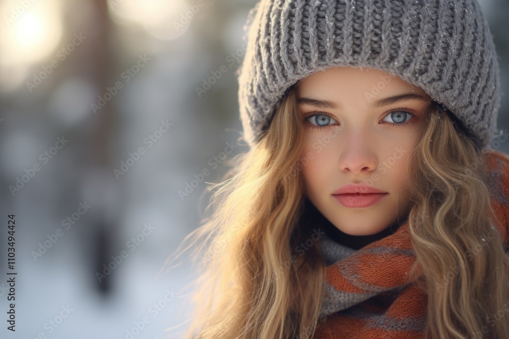 A young woman gazes into the distance, embodying winter's charm with her warm clothing. A young woman gazes into the distance, embodying winter's charm with her warm clothing.