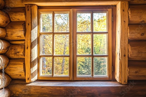 Log Cabin Window. Traditional Room Interior with Sunlight Filtering Through Rustic Wooden Window