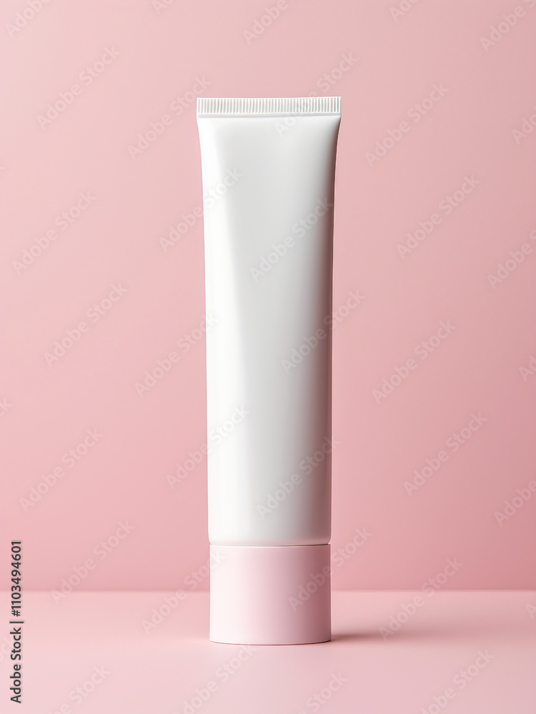 Blank cosmetic tube, skincare product mockup, pink background Blank cosmetic tube, skincare product mockup, pink background