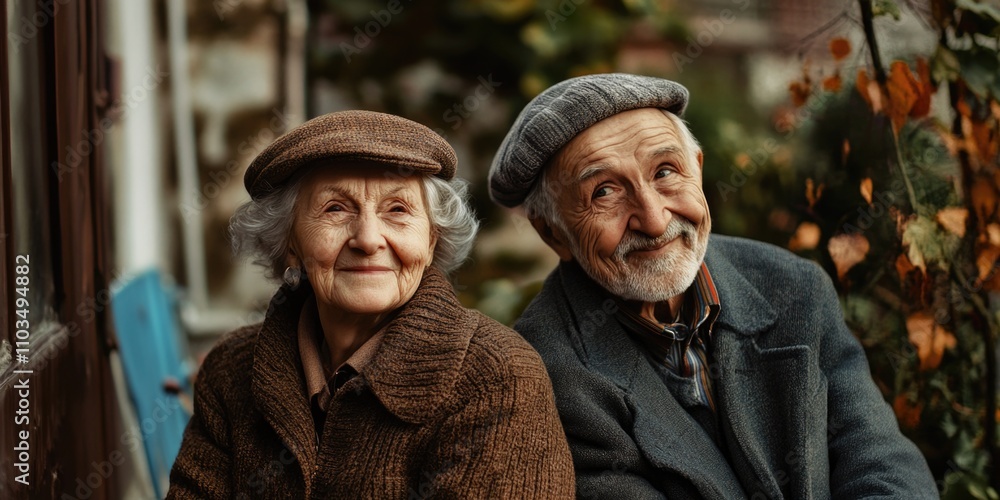 Elderly couple sharing a moment together on their porch. Elderly couple sharing a moment together on their porch.