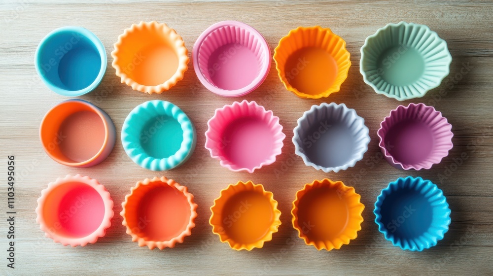 colorful silicone baking molds on a wooden countertop, vibrant pastel colors colorful silicone baking molds on a wooden countertop, vibrant pastel colors