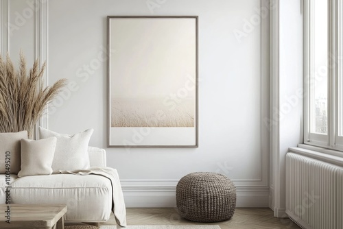 Simplicity and elegance define this modern living room. The neutral color scheme, clean lines, and minimalist furniture create a serene and stylish space. photo