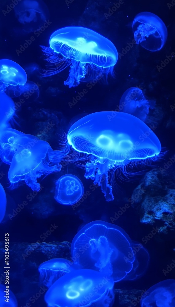 Bioluminescent Jellyfish, Glowing Jellyfish in Dark Blue Ocean Depths, Underwater Scene Bioluminescent Jellyfish, Glowing Jellyfish in Dark Blue Ocean Depths, Underwater Scene