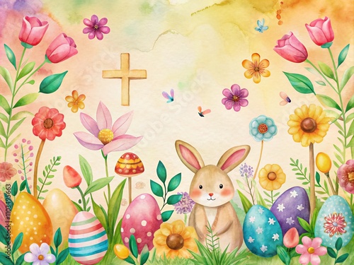 Colorful Easter Watercolor Elements Collection Featuring Eggs, Bunnies, Flowers, and Crosses on a Soft Background with Ample Copy Space for Seasonal Greetings and Messages